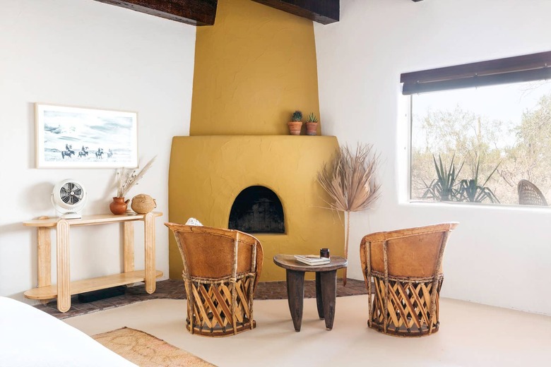 living room with ochre and cream desert house color palette